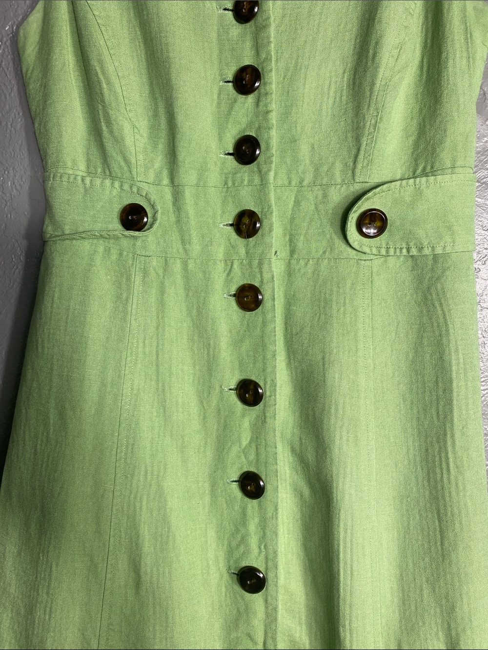 Coldwater Creek Linen Blend Dress P8 Pistachio Green Button Front Fit Flare Midi - Picture 6 of 11